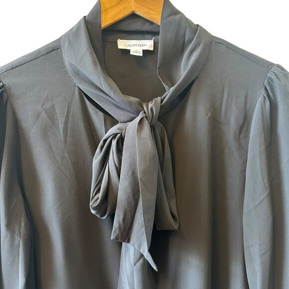 Calvin Klein Black Tie-Neck Blouse Top Size Large Classic Career Workwear - Picture 3 of 5